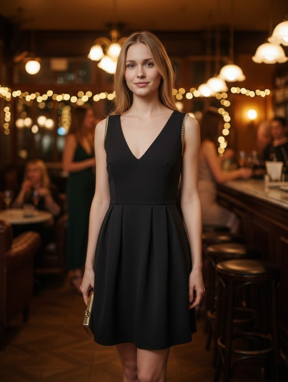 Sleeveless Black V-Neck Dress with Gold Chain Straps